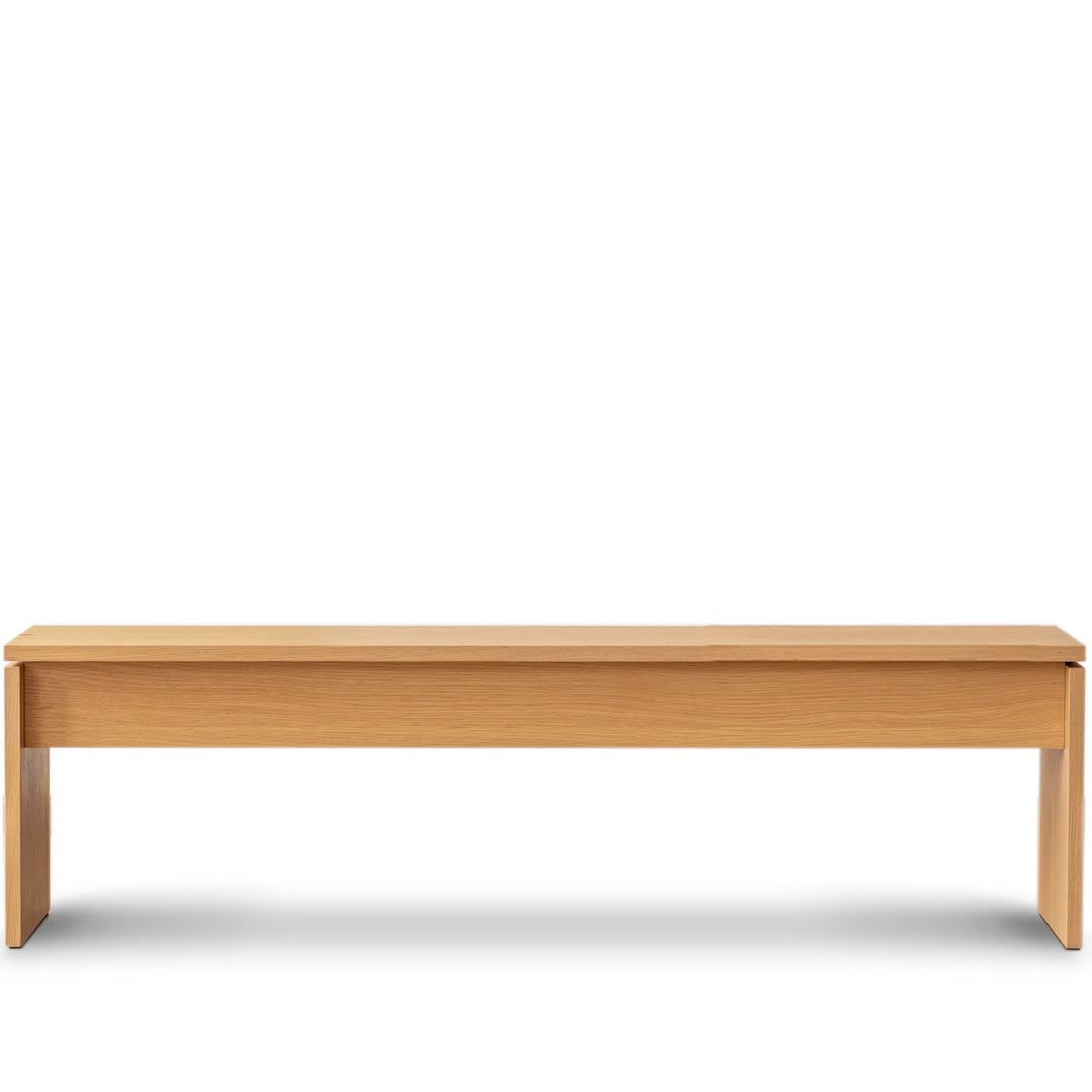 Minimalist oak wood veneer plywood dining bench horizon in white background.