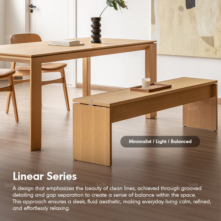 Minimalist oak wood veneer plywood dining bench horizon in real life style.