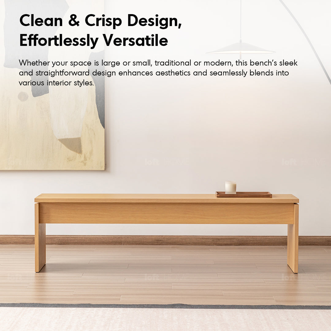 Minimalist oak wood veneer plywood dining bench horizon in details.