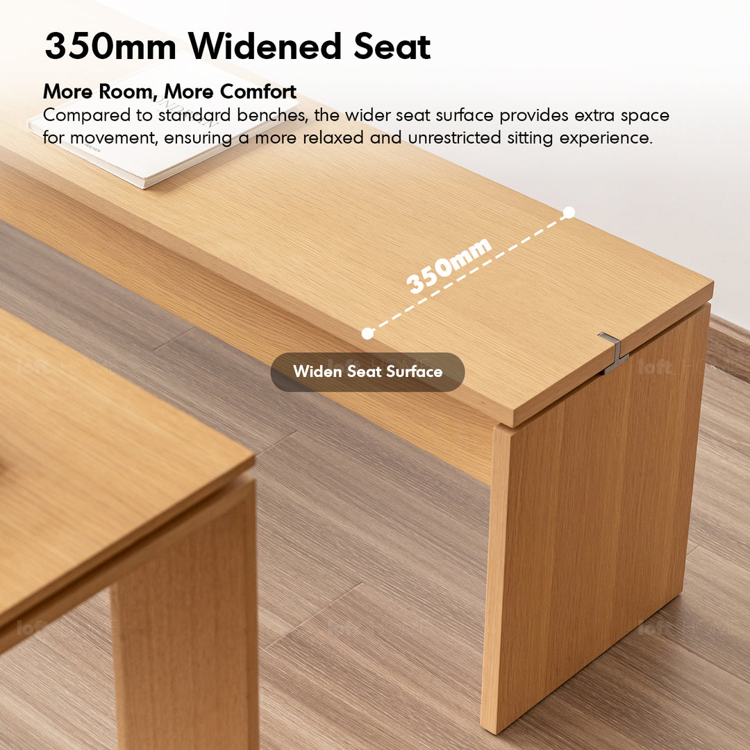 Minimalist oak wood veneer plywood dining bench horizon in close up details.