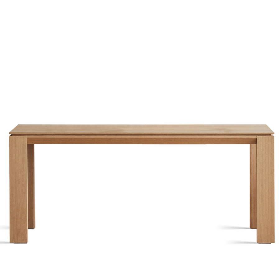 Minimalist oak wood veneer plywood dining table horizon in white background.