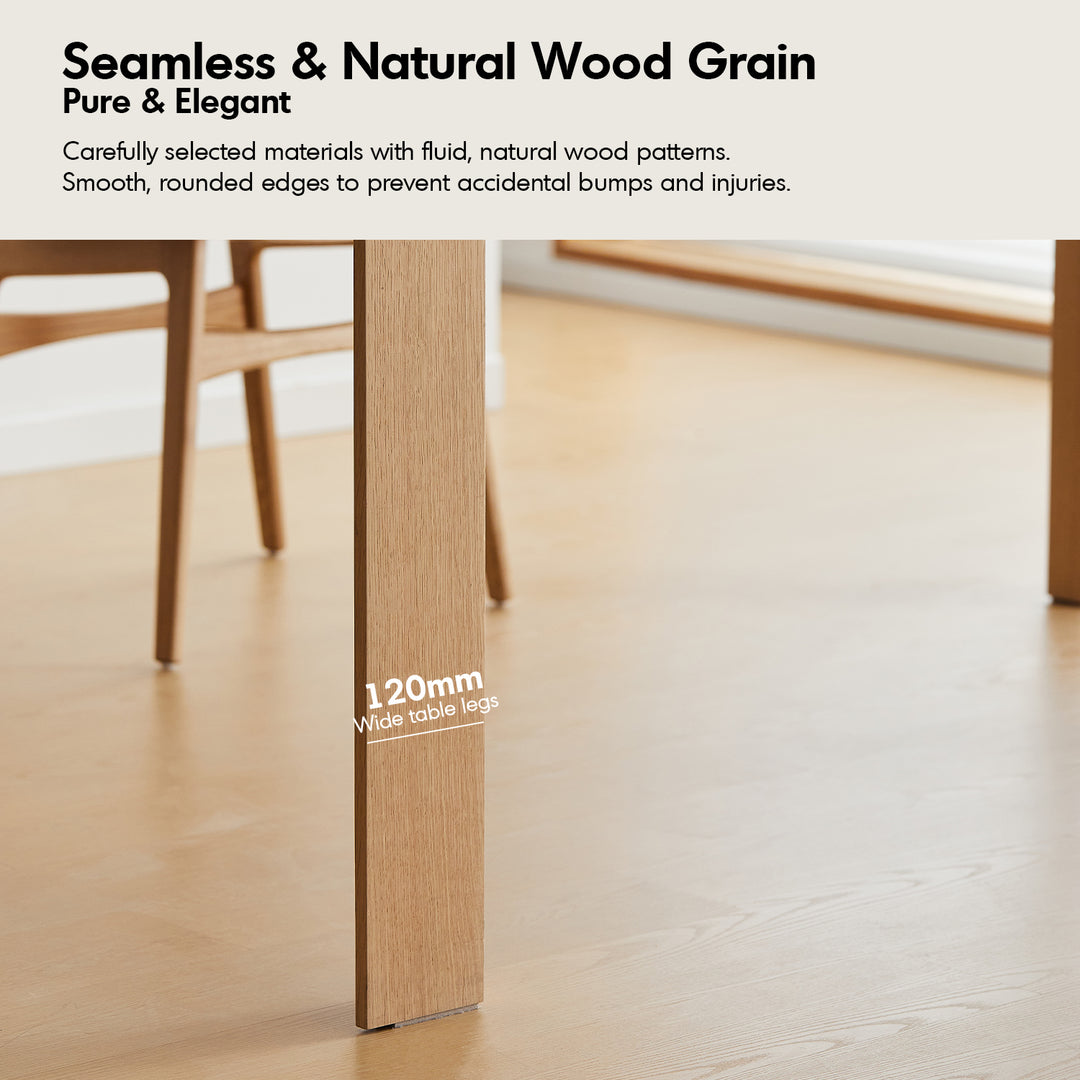 Minimalist oak wood veneer plywood dining table horizon in still life.