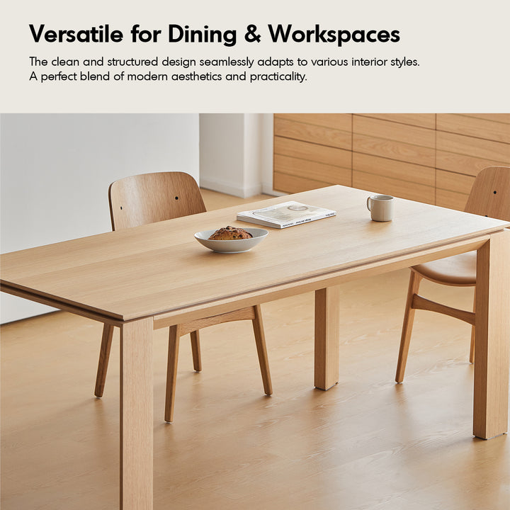 Minimalist oak wood veneer plywood dining table horizon in details.