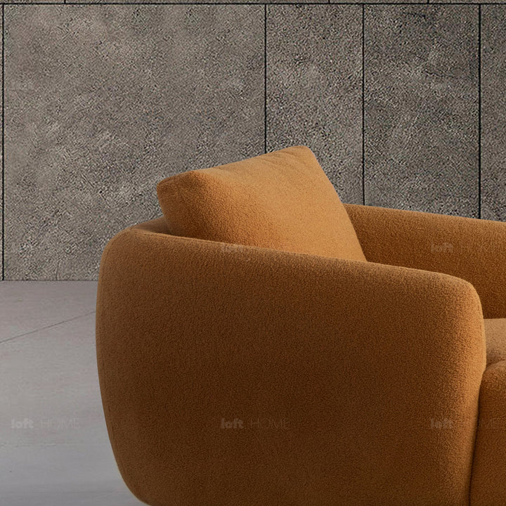 Minimalist sherpa fabric 1 seater sofa saffron in close up details.
