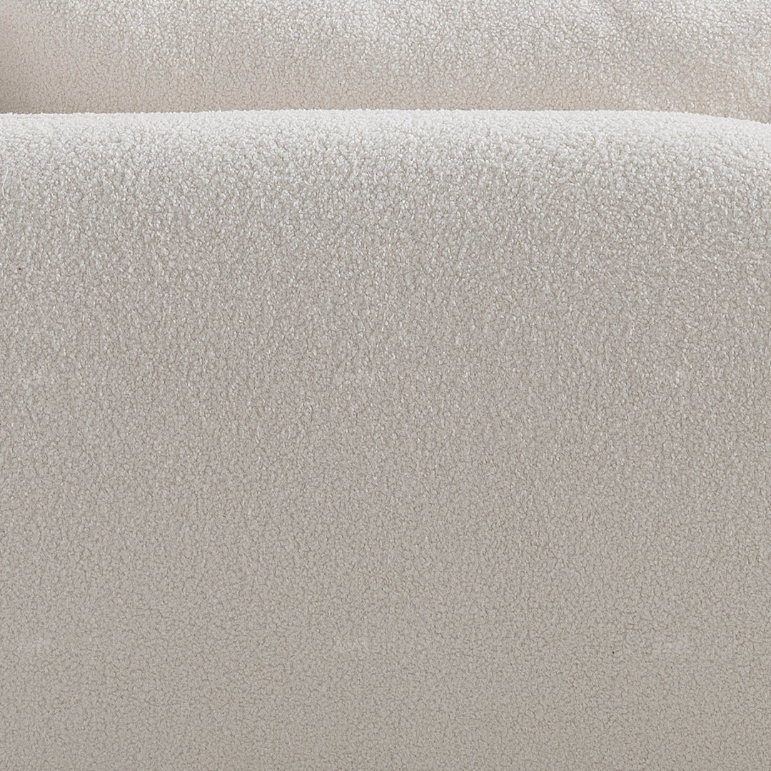 Minimalist sherpa fabric 3.5 seater sofa saffron in panoramic view.