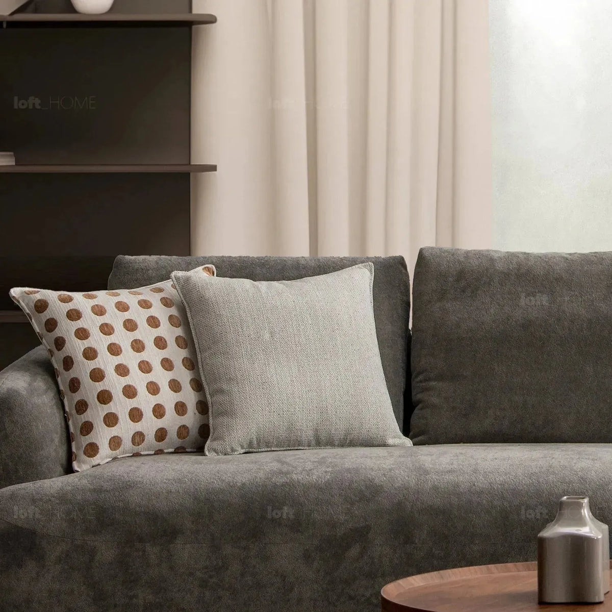 Modern sherpa fabric 5 seater sofa grand in panoramic view.