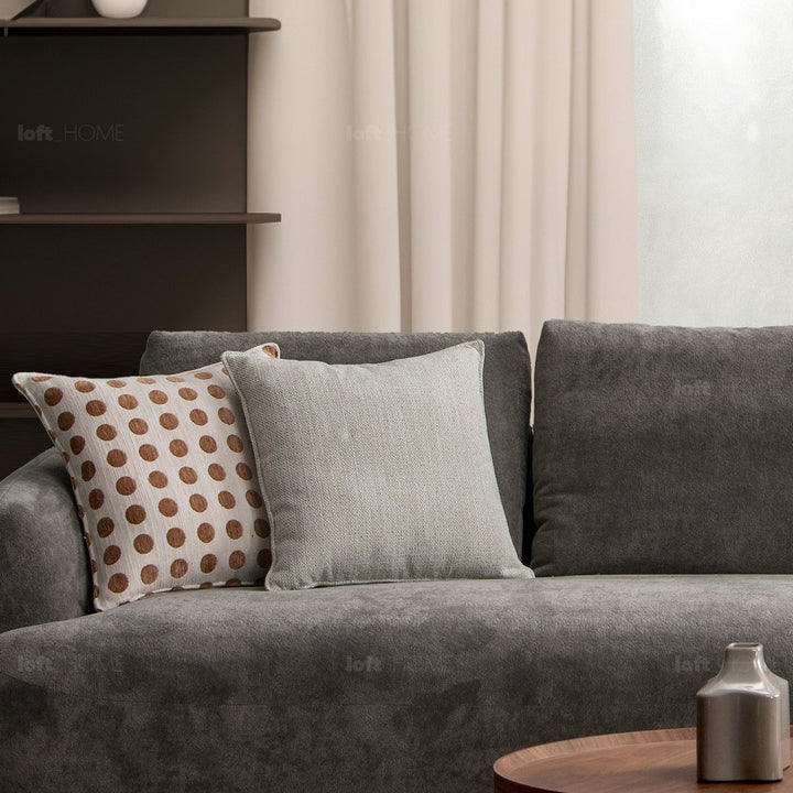 Minimalist sherpa fabric 4.5 seater sofa grand in panoramic view.