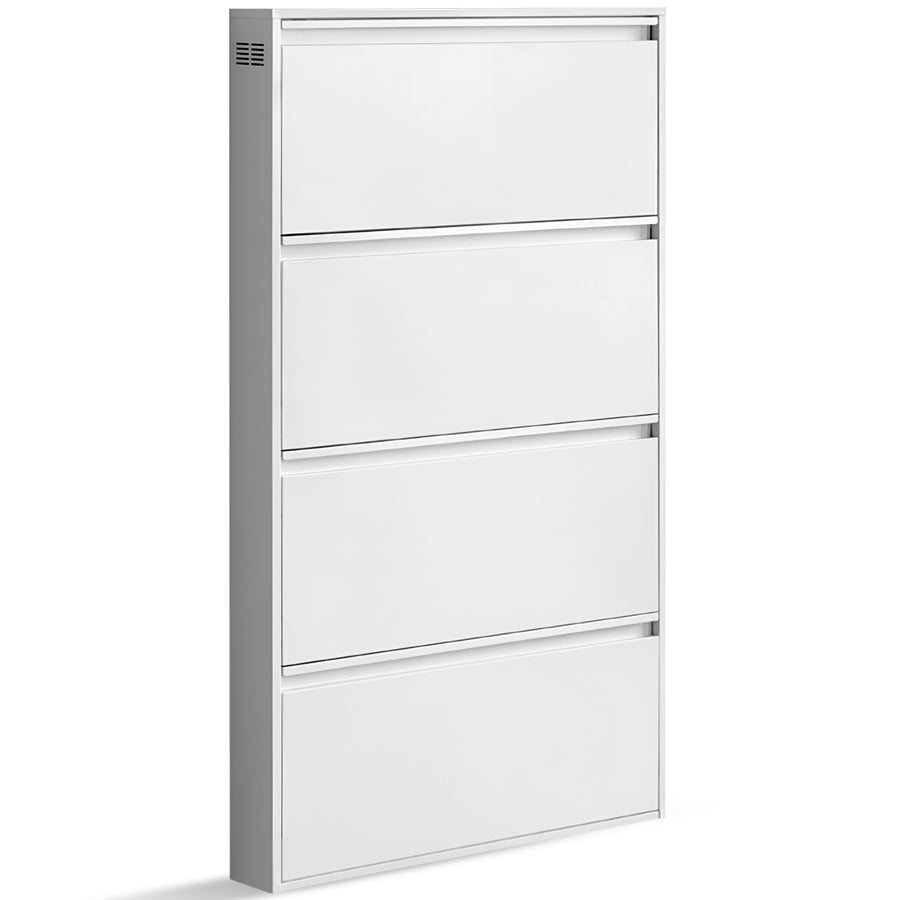 Minimalist steel shoe cabinet slim in white background.