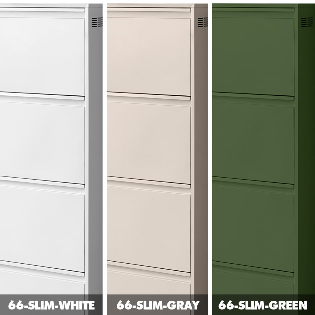 Minimalist steel shoe cabinet slim material variants.