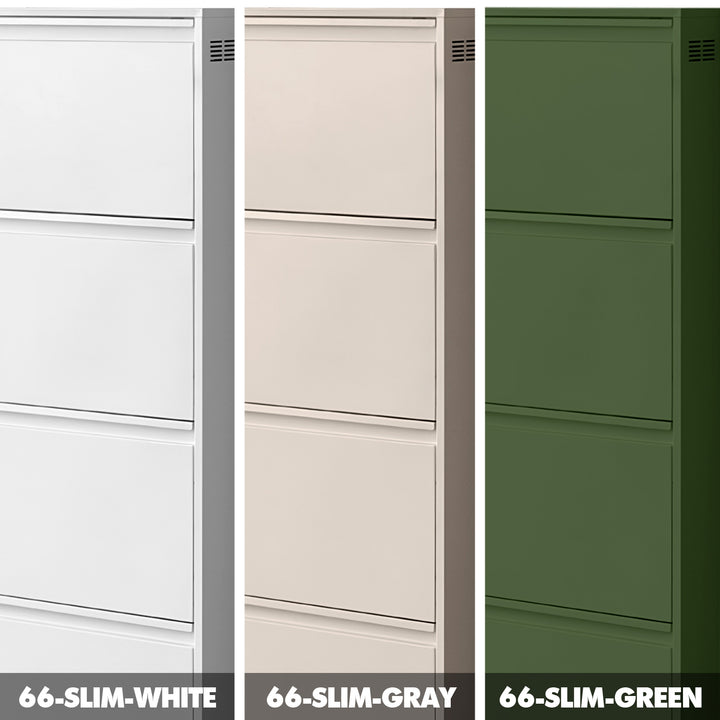 Minimalist steel shoe cabinet slim material variants.