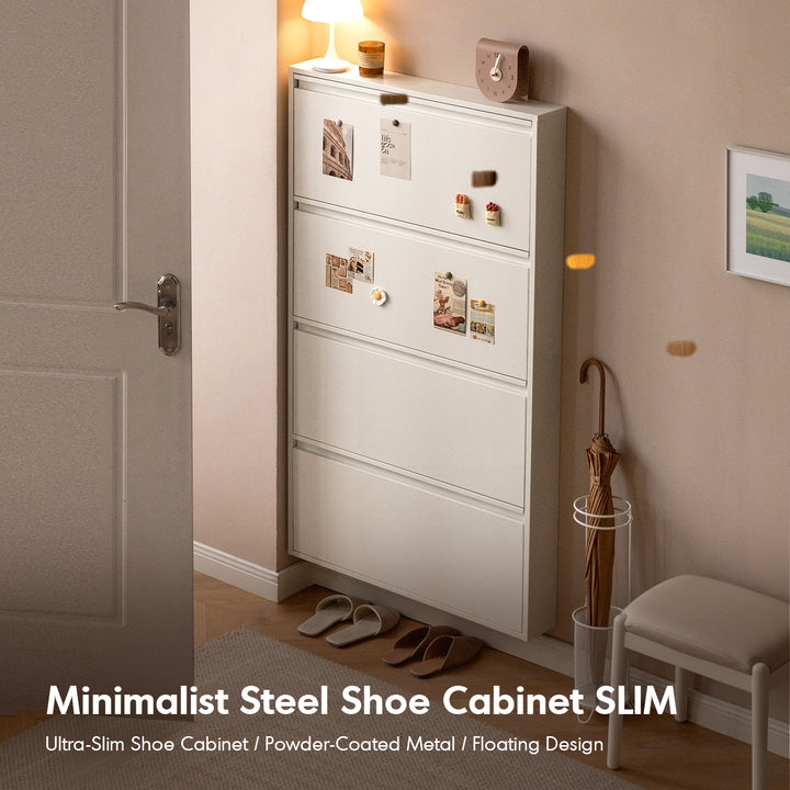 Minimalist steel shoe cabinet slim in real life style.