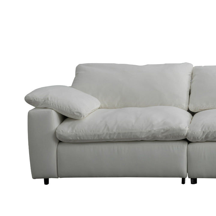 Minimalist suede fabric 4.5 seater sofa cloud color swatches.