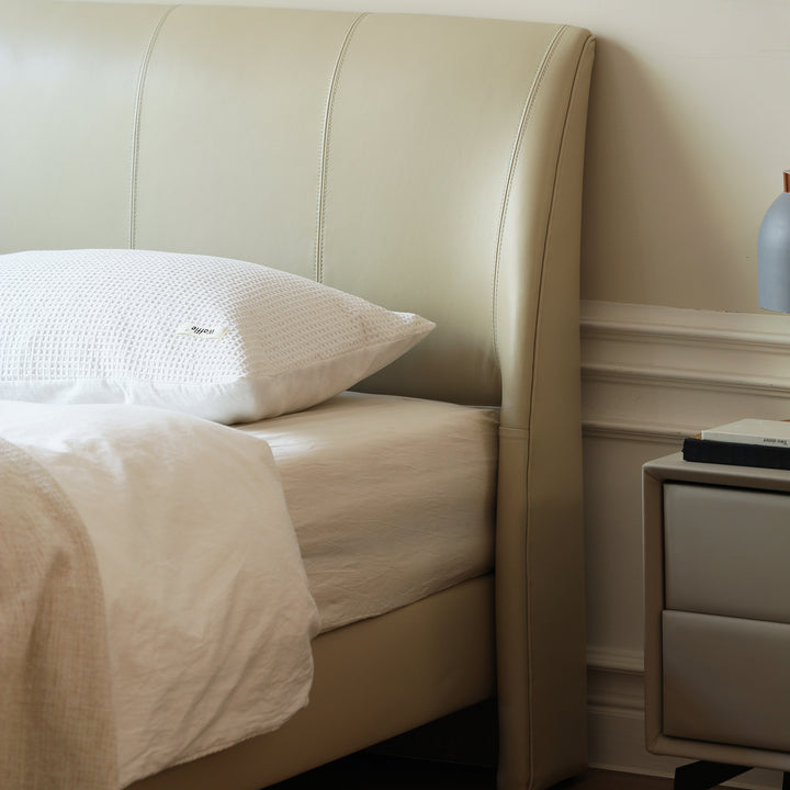 Modern genuine leather bed frame dusko with context.