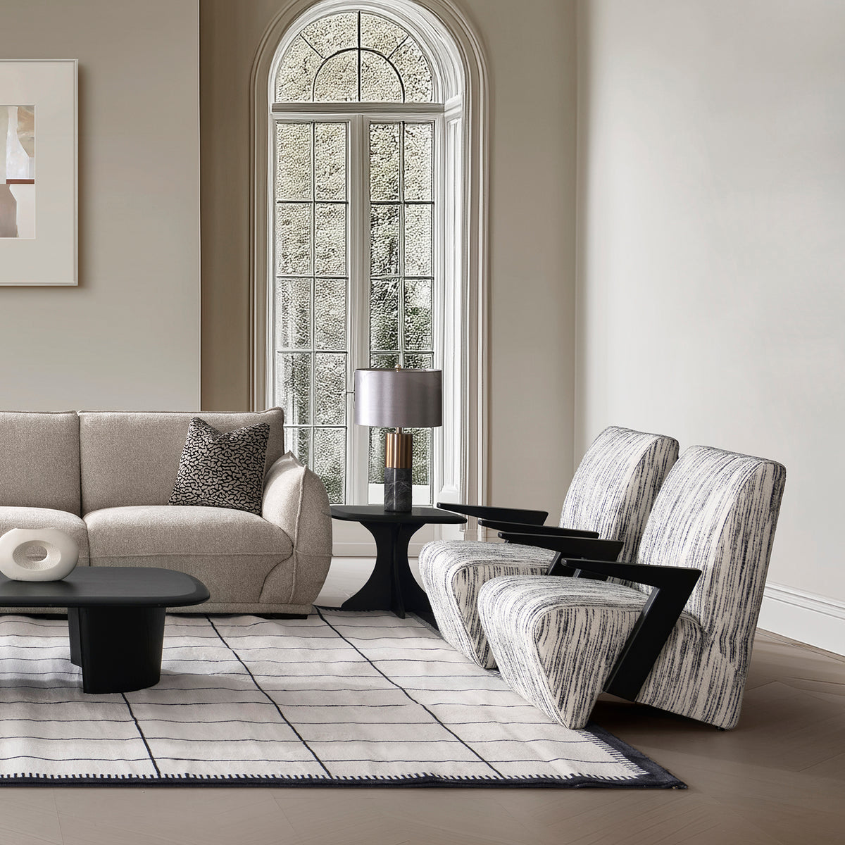Minimalist mixed weave fabric 1 seater sofa chair slant primary product view.