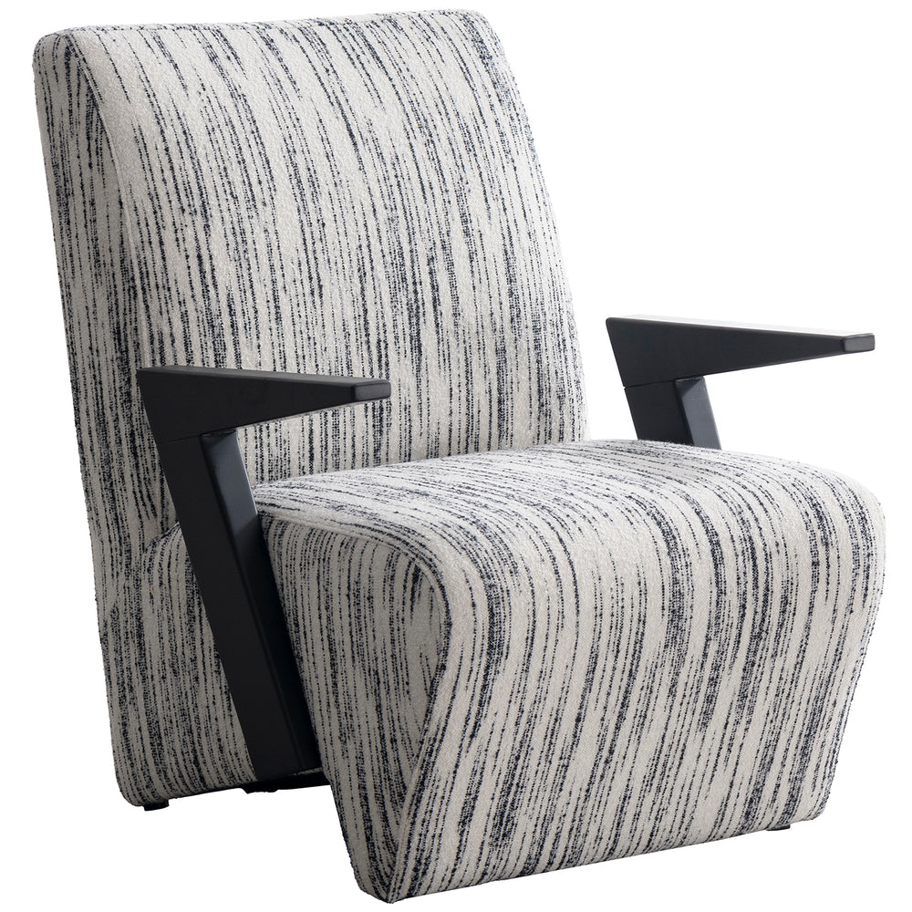 Minimalist mixed weave fabric 1 seater sofa chair slant in panoramic view.