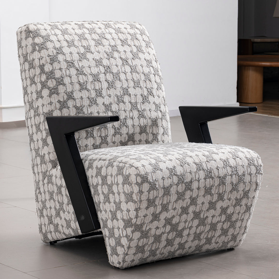 Minimalist mixed weave fabric 1 seater sofa chair slant with context.