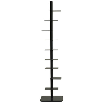 Minimalist steel revolving bookshelf stack in white background.