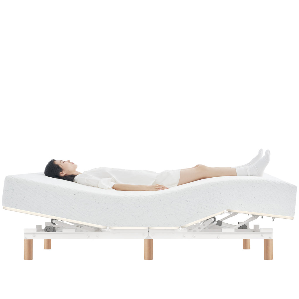 Minimalist metal electric adjustable bed frame with mattress 2in1 set upone in white background.