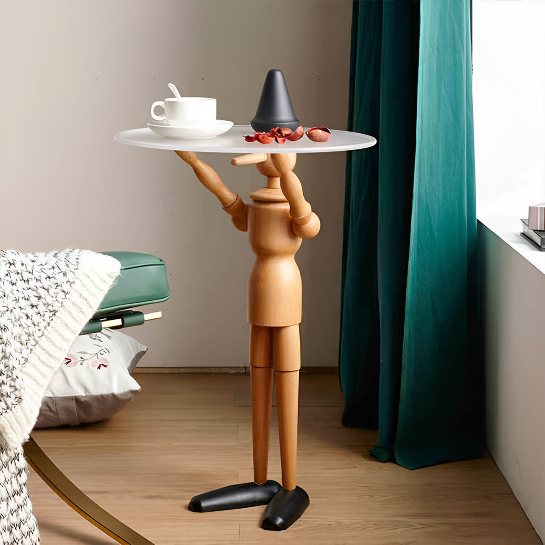 Modern beech wood side table pinocchio in still life.