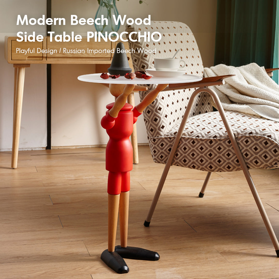 Modern beech wood side table pinocchio material variants.