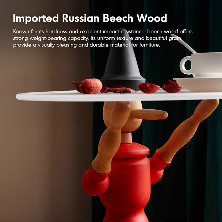 Modern beech wood side table pinocchio with context.