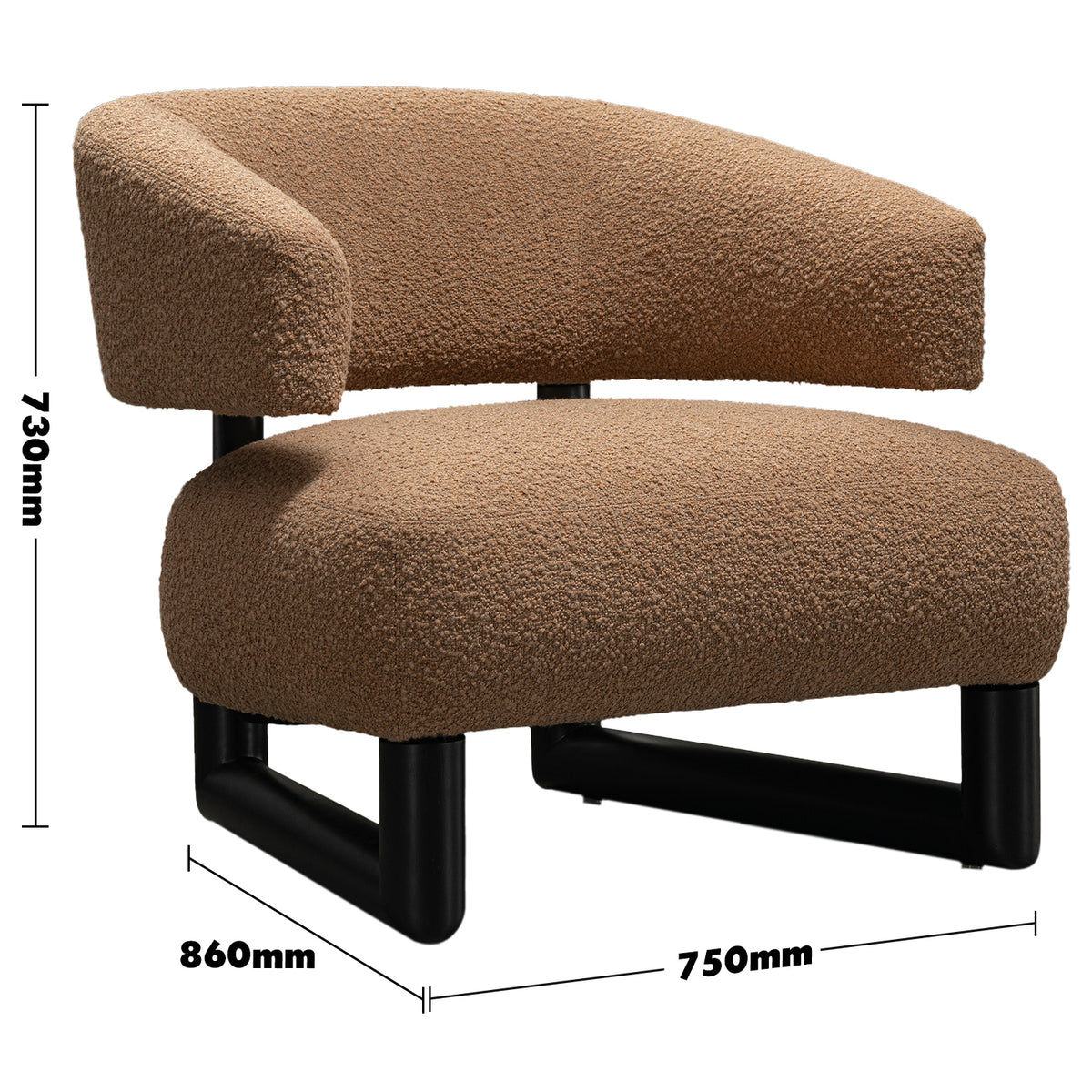 Cream boucle fabric 1 seater sofa arc size charts.