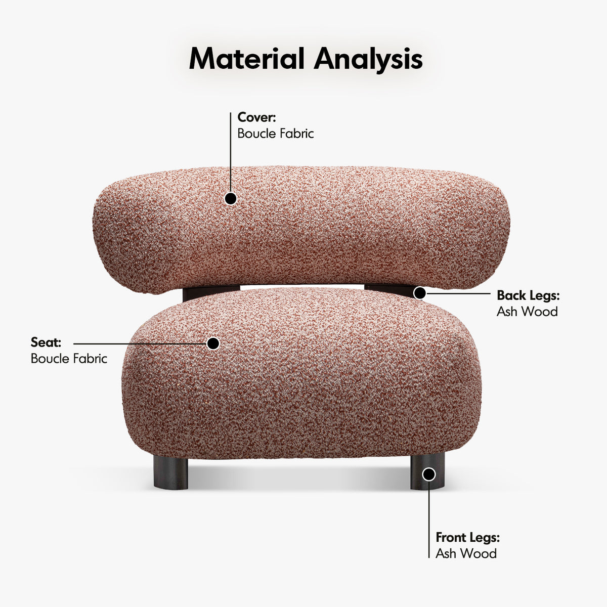 Cream boucle fabric 1 seater sofa bubble in details.