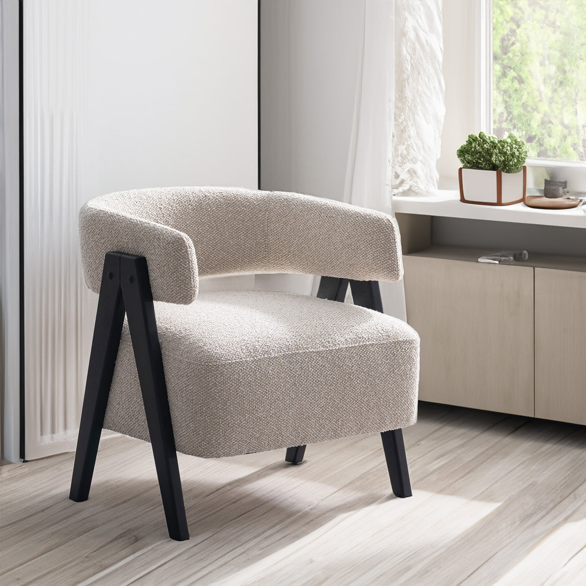 Japandi boucle fabric 1 seater sofa colle primary product view.