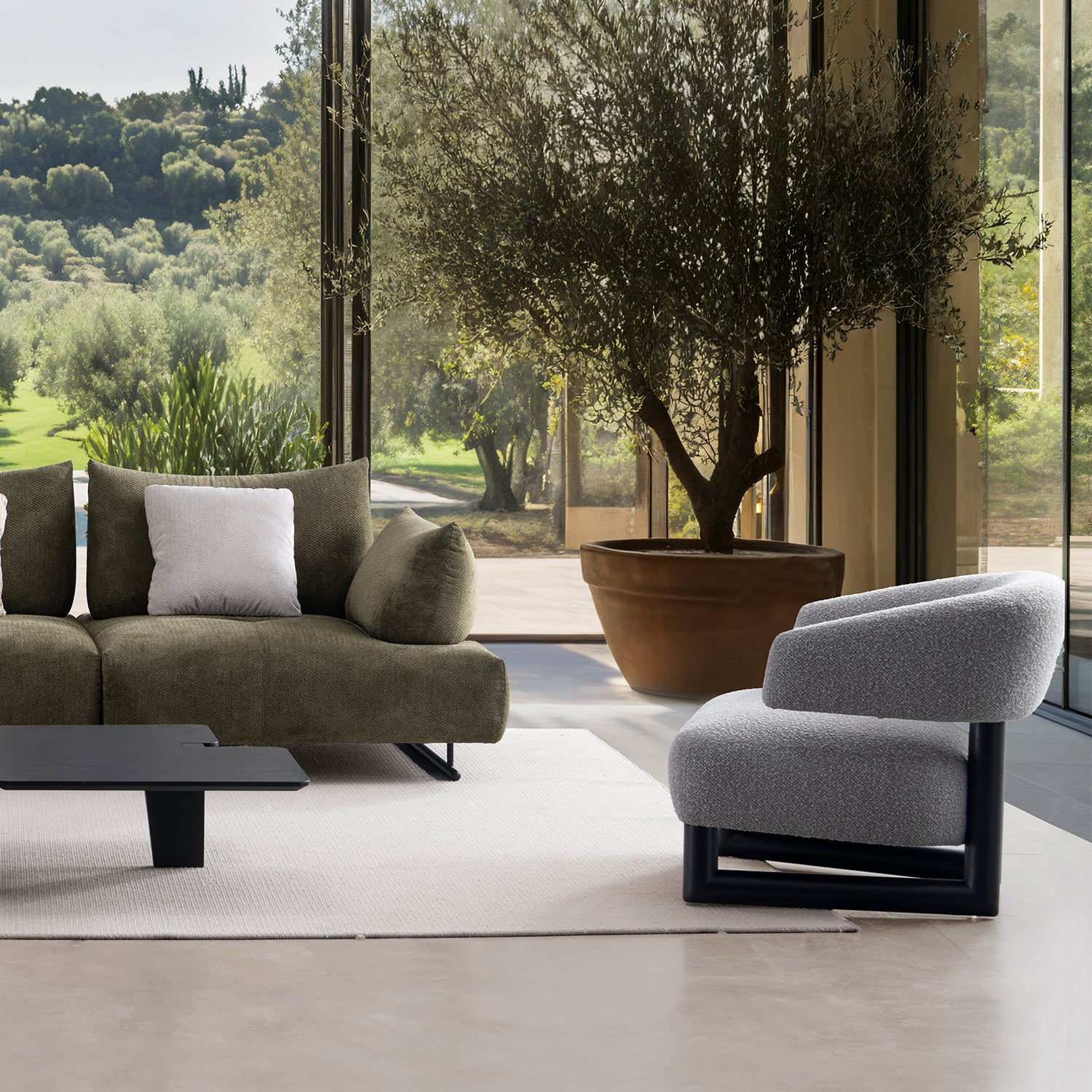 Modern boucle fabric 1 seater sofa miroo primary product view.