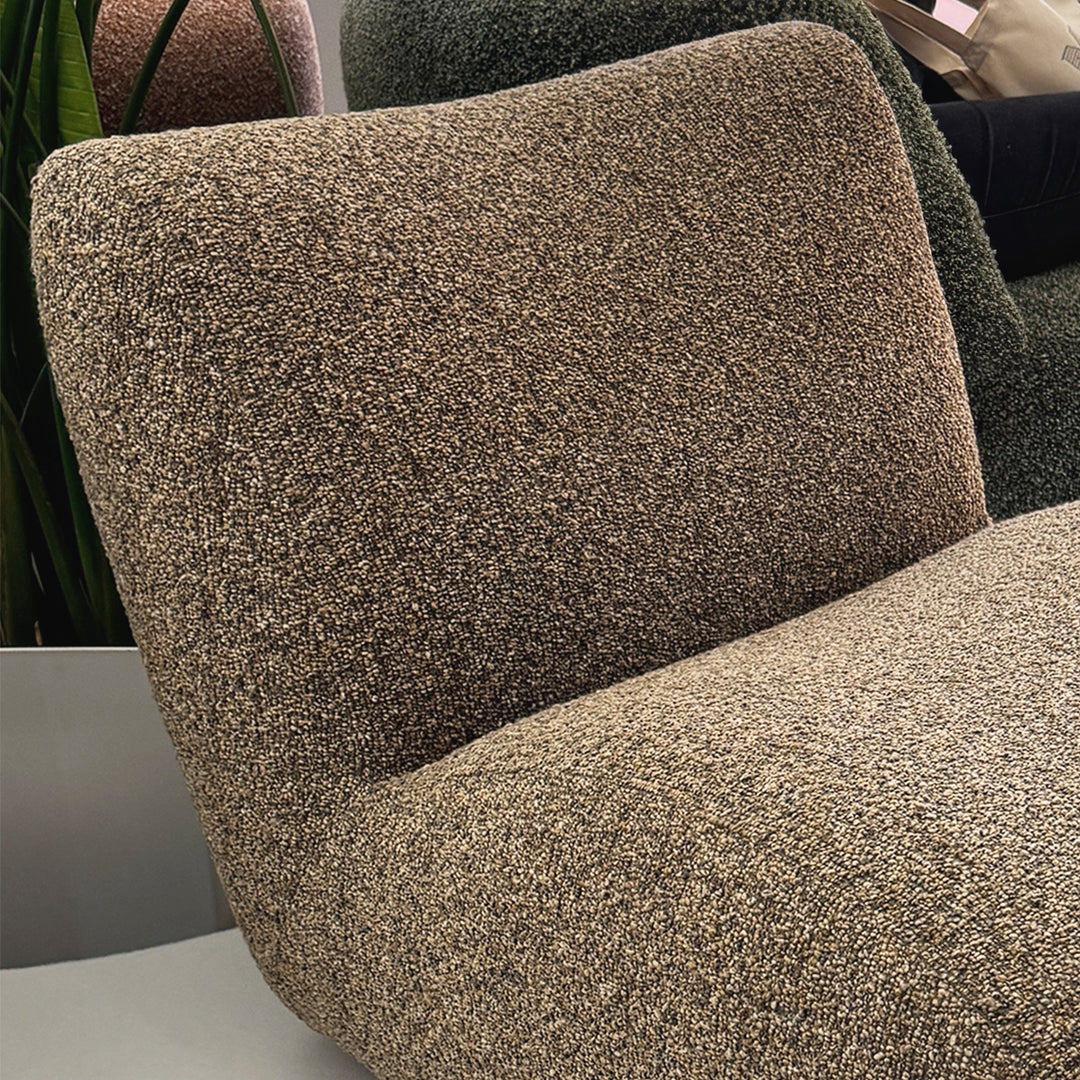 Modern boucle fabric 1 seater sofa pod material variants.