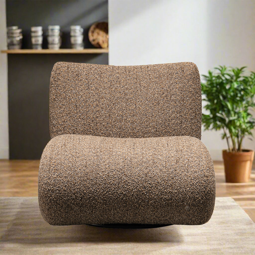 Modern boucle fabric 1 seater sofa pod in close up details.