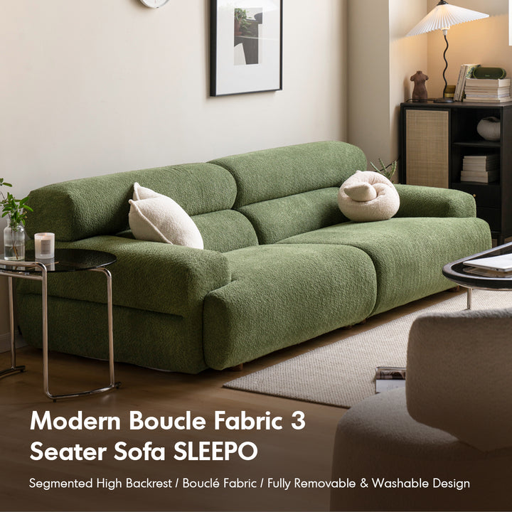 Modern boucle fabric 3 seater sofa sleepo in real life style.