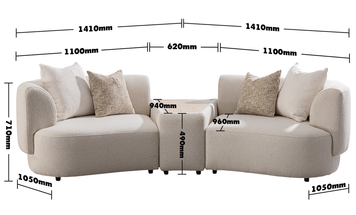 Scandinavian Boucle Fabric Modular 2 Seater Sofa With Side Table RENE Size Chart