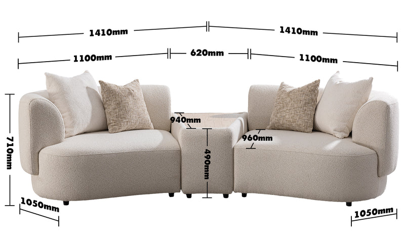 Scandinavian Boucle Fabric Modular 2 Seater Sofa With Side Table RENE Size Chart
