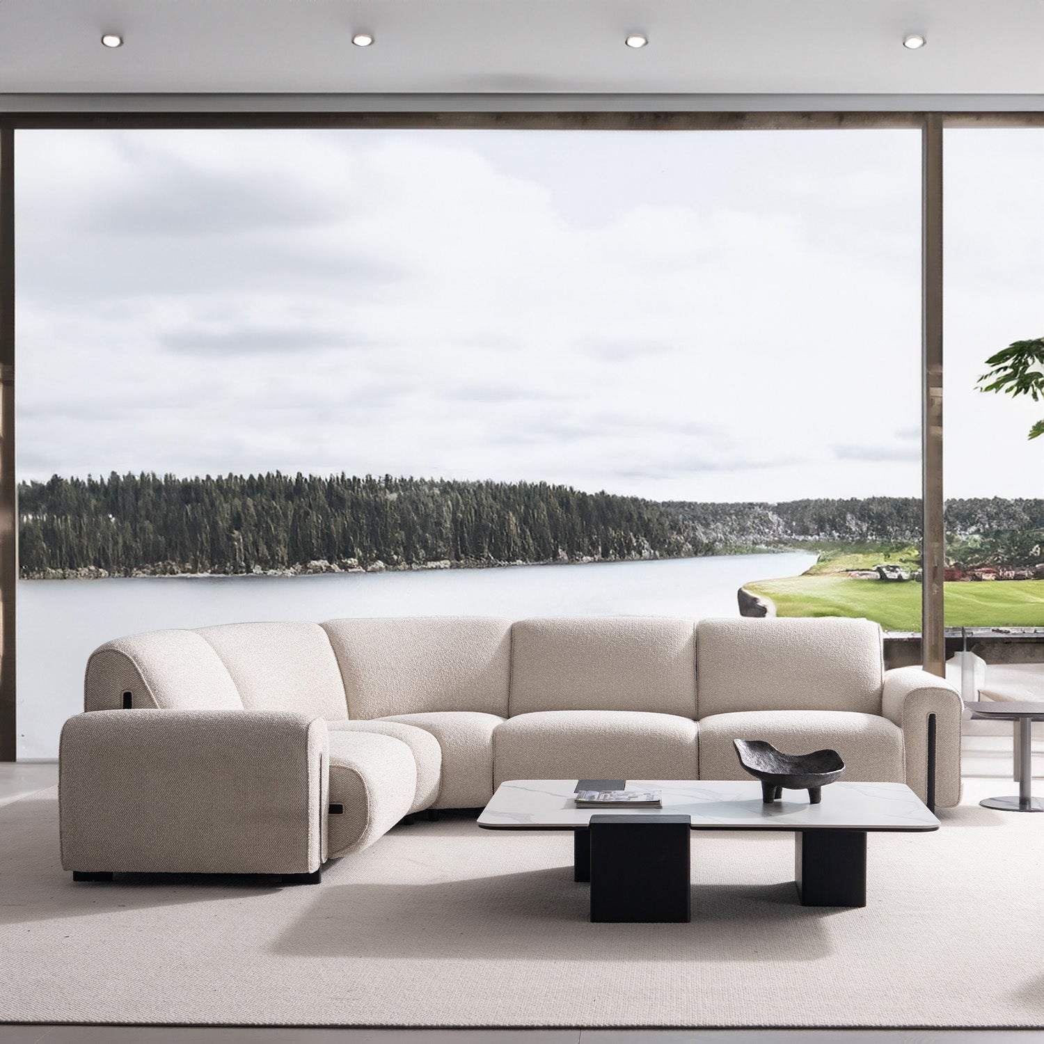 Minimalist boucle fabric modular 3 seater sofa colle material variants.