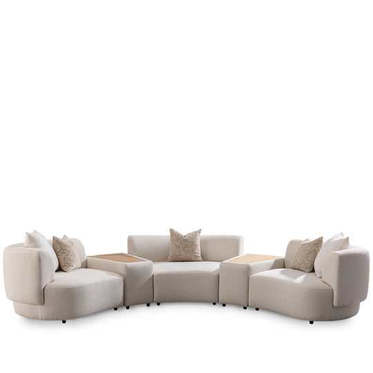 Scandinavian boucle fabric modular 3 seater sofa with side table rene in white background.