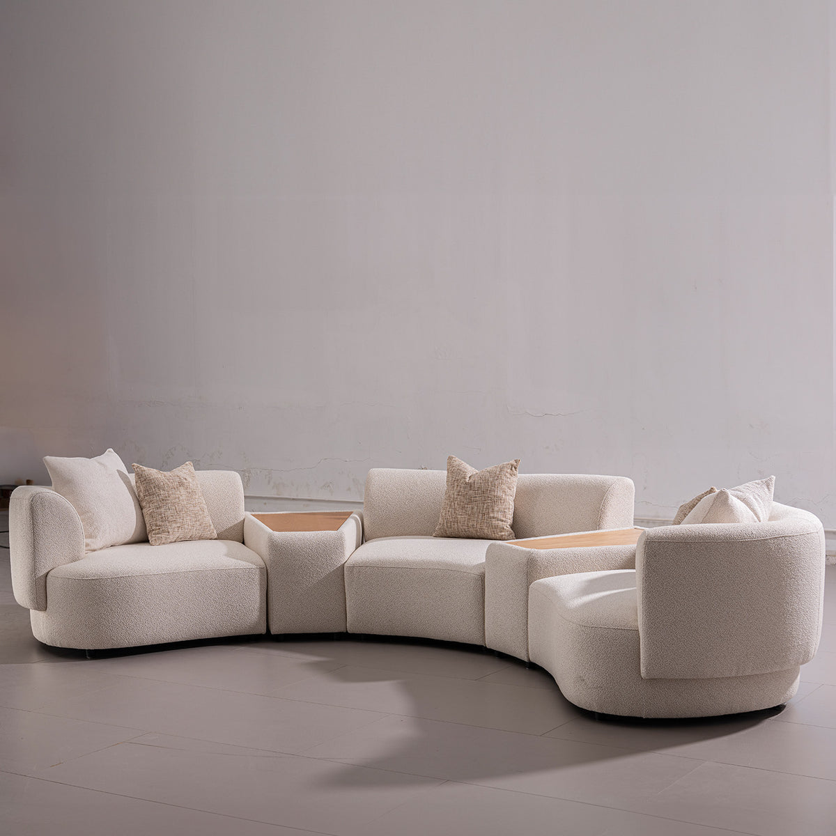 Modern boucle fabric modular 3 seater sofa with side table rene detail 7.