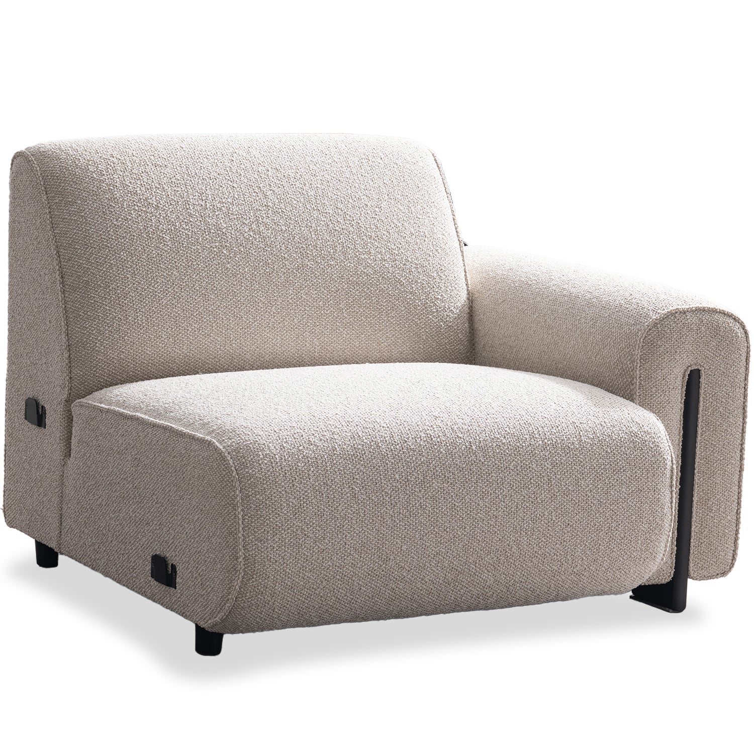 Minimalist boucle fabric modular corner 1 seater sofa colle in white background.