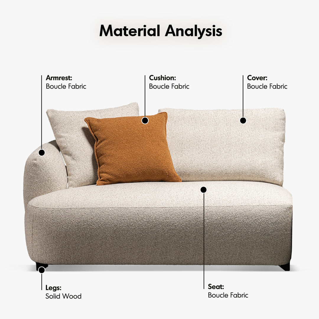 Modern boucle fabric modular corner 1 seater sofa serene in details.