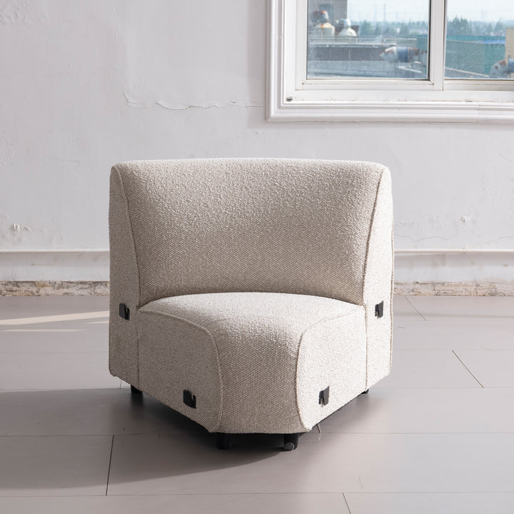 Modern boucle fabric modular joint connection 1 seater sofa colle in still life.