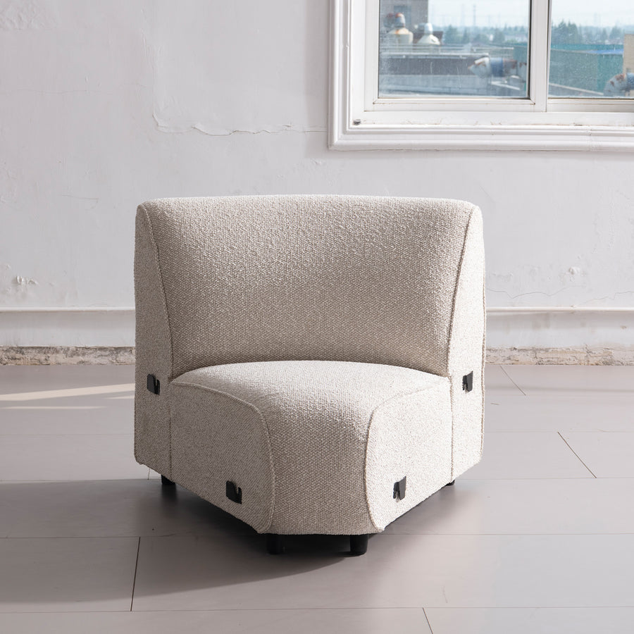 Modern boucle fabric modular joint connection 1 seater sofa colle in still life.