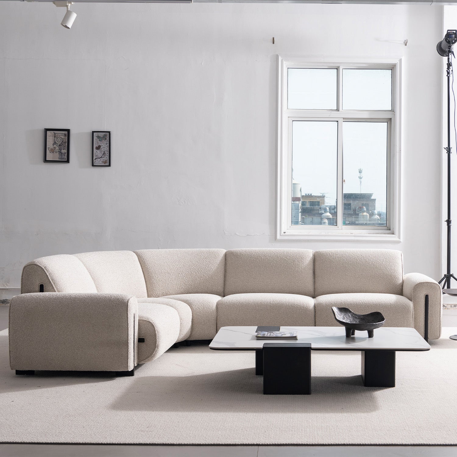 Minimalist boucle fabric modular joint connection 1 seater sofa colle with context.