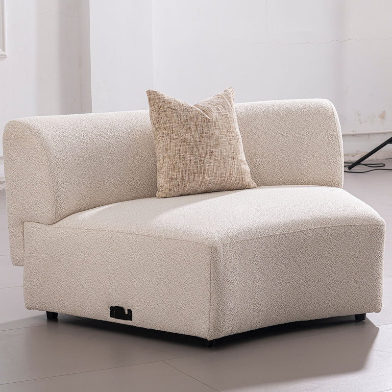 Modern boucle fabric modular joint connection 1 seater sofa rene in close up details.