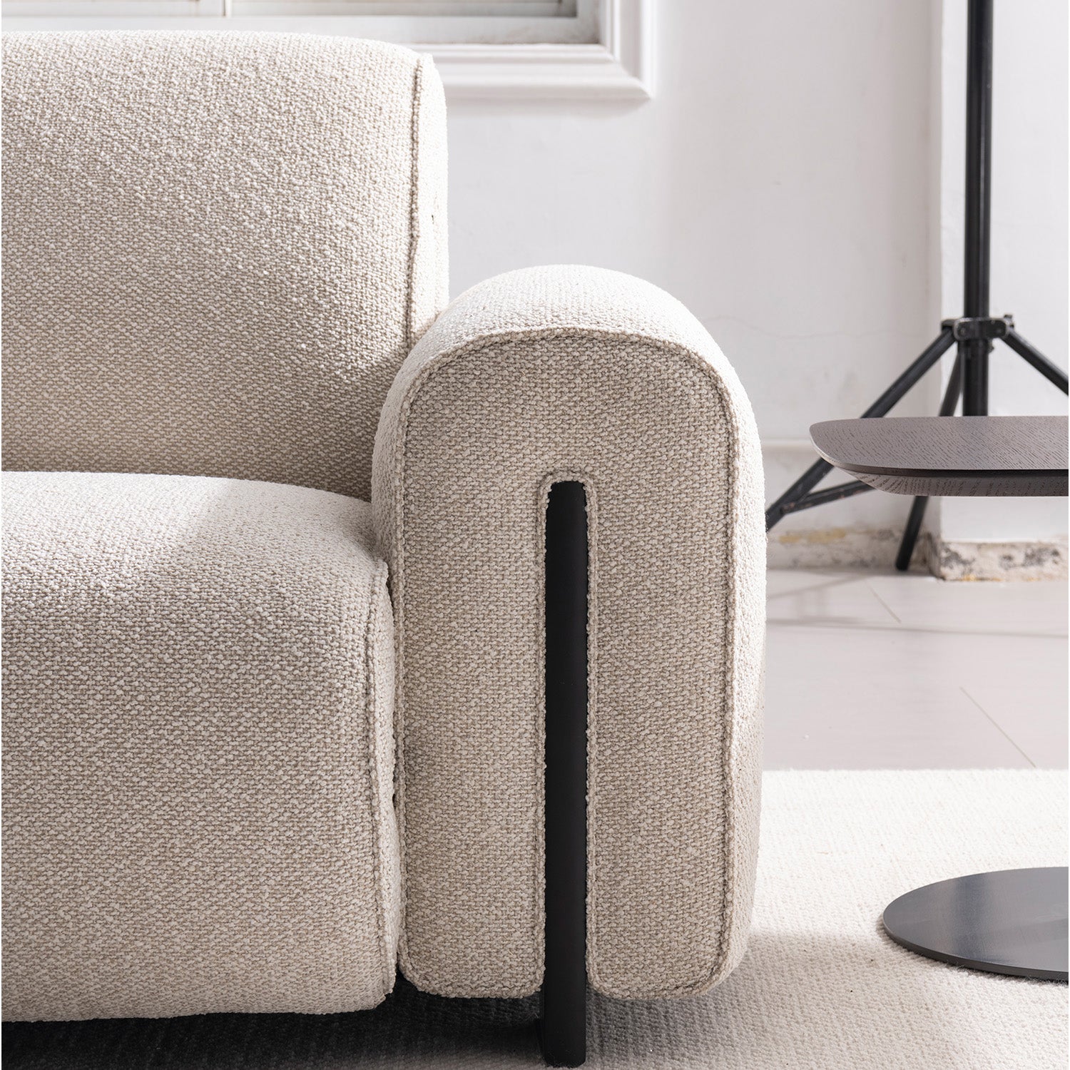 Minimalist boucle fabric modular l shape sectional sofa colle 4+l in panoramic view.