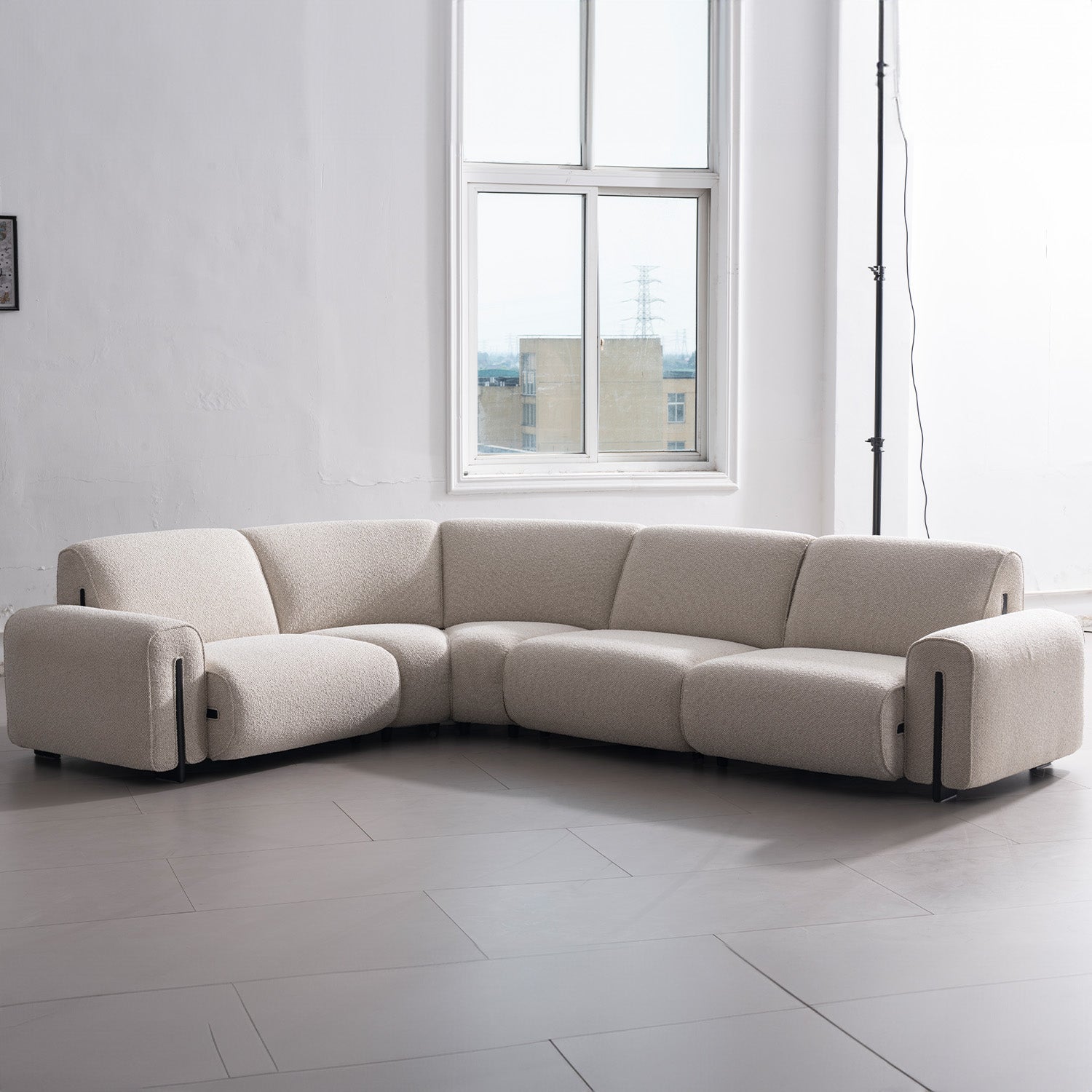 Minimalist boucle fabric modular l shape sectional sofa colle 4+l material variants.