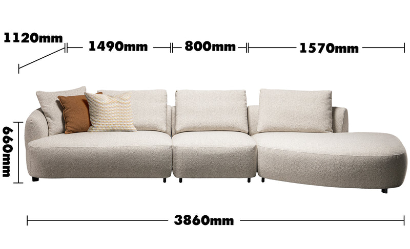 Cream Boucle Fabric Modular L Shape Sectional Sofa SERENE 3+L Size Chart