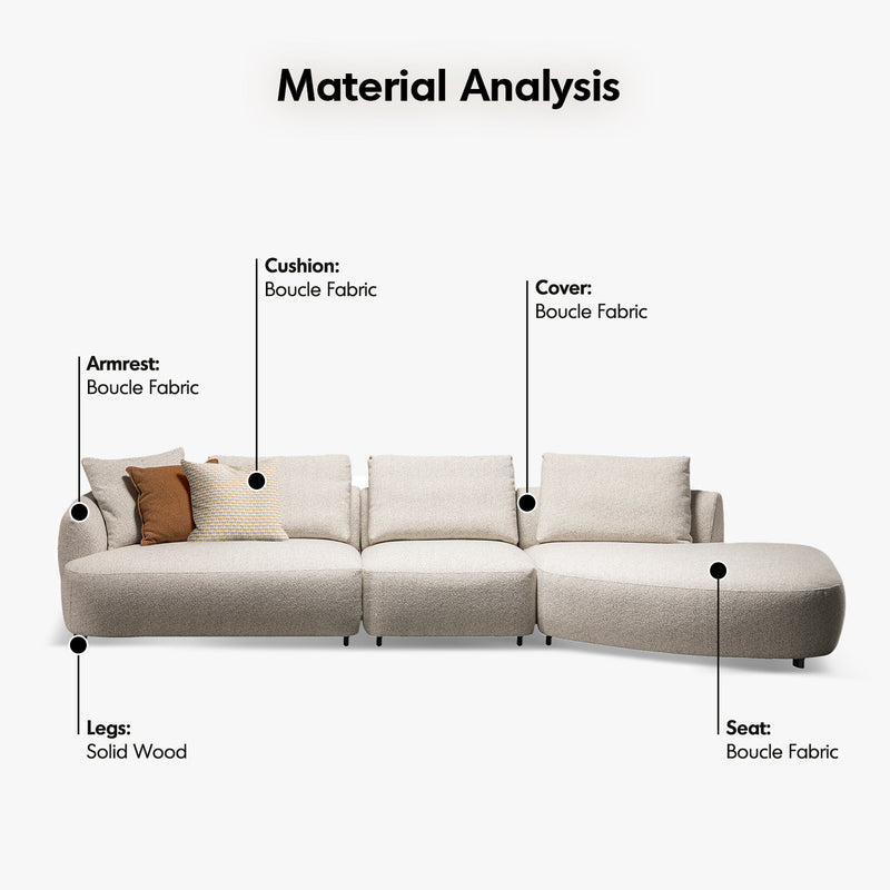 Cream boucle fabric modular l shape sectional sofa serene 3+l in close up details.