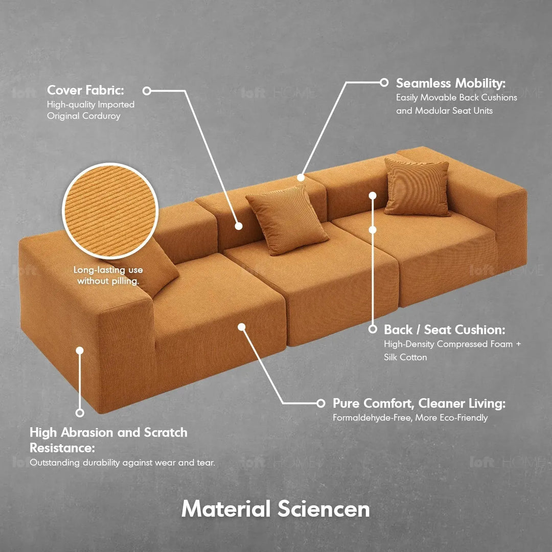 Modern corduroy fabric 4.5 seater sofa compress in close up details.