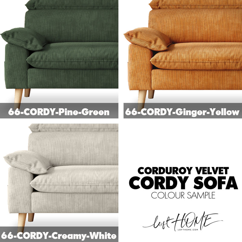 Scandinavian corduroy velvet fabric 4 seater sofa cordy color swatches.