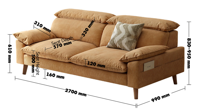 Scandinavian Corduroy Velvet Fabric 4 Seater Sofa CORDY Size Chart